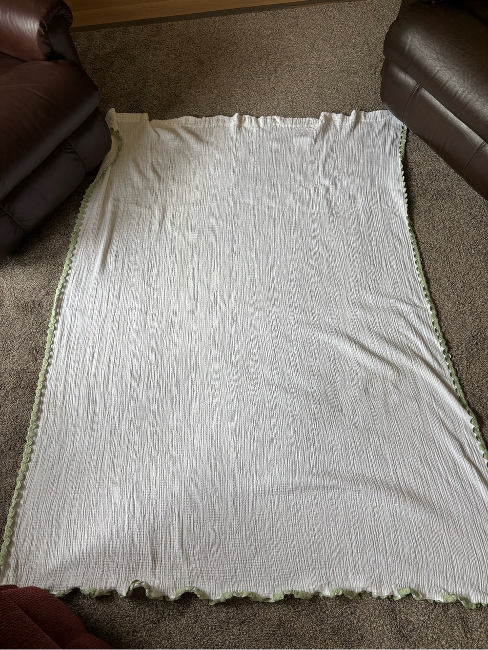 White Shower Curtain with Pale Green Scalloped Edge
